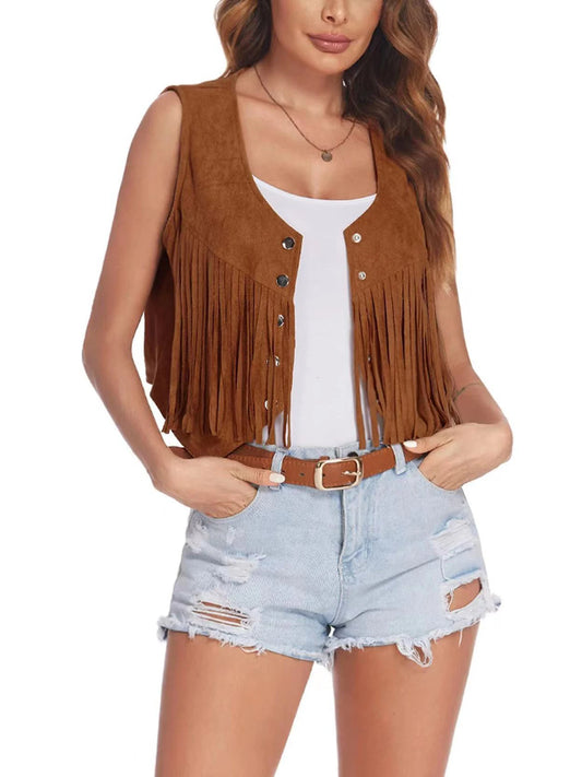 Women’s Tassel Suede Vest Solid Color Front Button Hippie Crop Jacket
