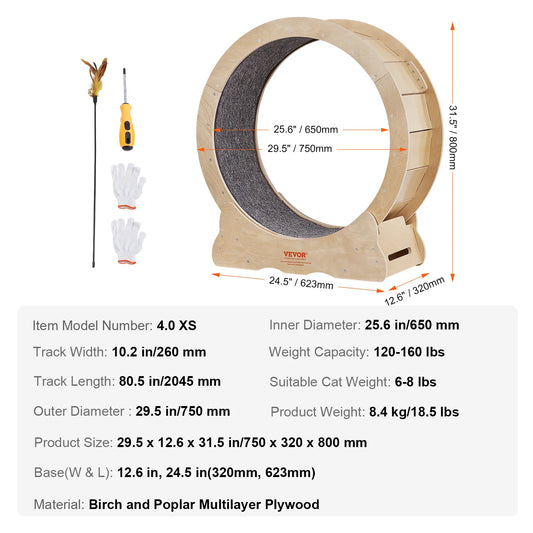 VEVOR Cat Exercise Wheel Natural Wood Silent Running Toy Treadmill Roller Wheel with Detachable Carpet for Most Cats Pet Fitness - The Kings Lots
