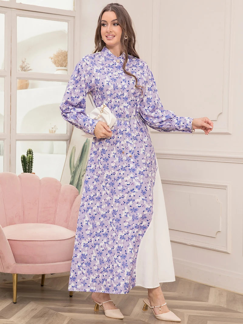 Elegant Floral Print High Neck Belted Maxi Dress for Spring