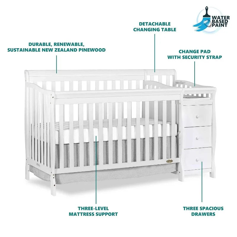 5 In 1 Brody Convertible Crib With Changer In White, Greenguard Gold Certified, Comes With 1" Changing Pad, Non-Toxic Finish - The Kings Lots