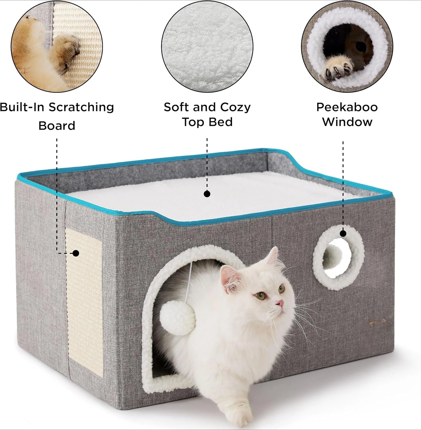 Wide Cat House for Indoor Cats - Large Cat Cave with Scratch Pad - The Kings Lots
