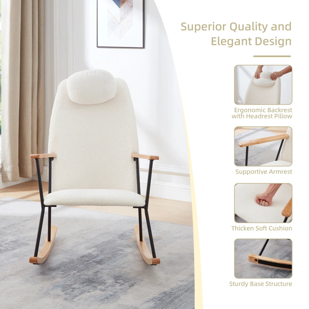 Adjustable Headrest Pillow Rocking Chair Fabric Upholstered - The Kings Lots