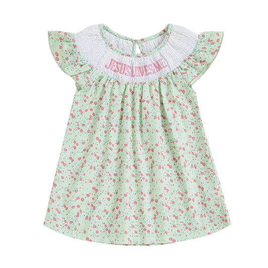 Toddler Girls Dress Floral Print Letter Embroidery Round Neck Fly Sleeve Casual Dress Baby Summer Dress - The Kings Lots
