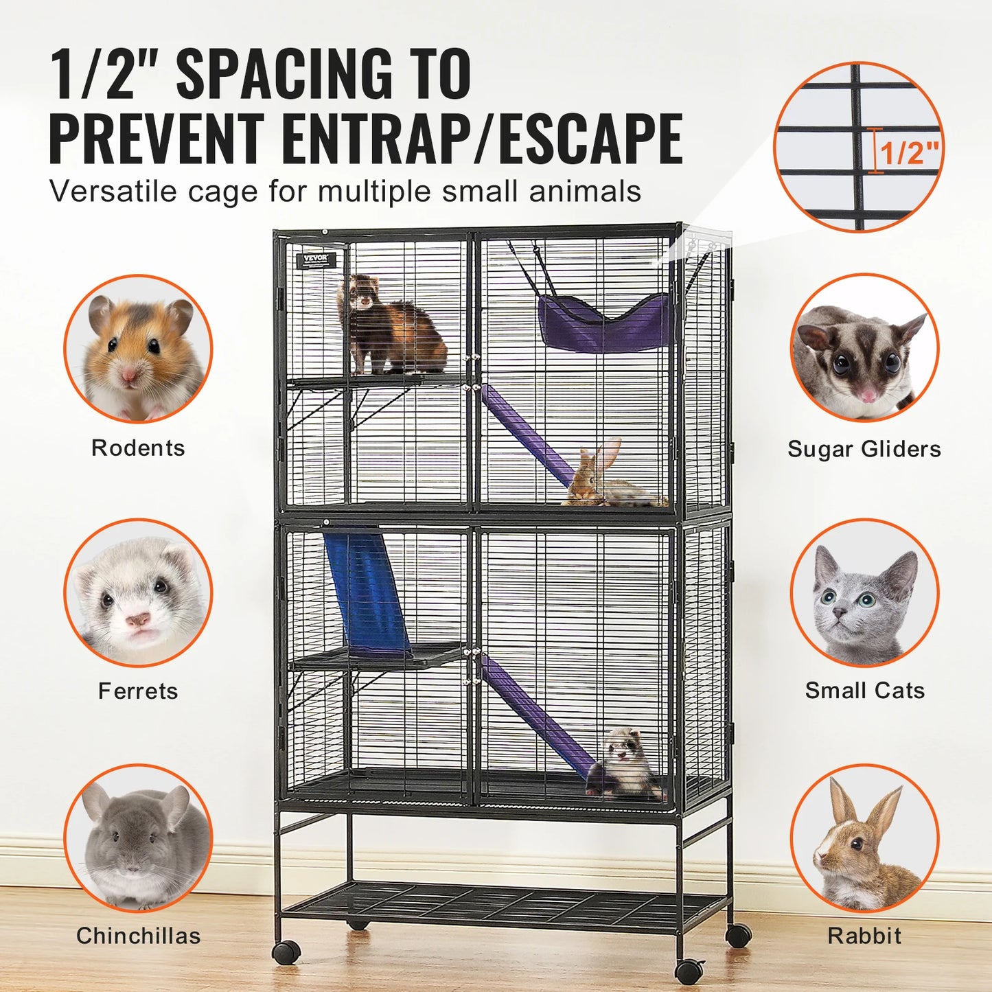 VEVOR 64.6" Rolling Metal Ferret Cage Large 4-Tier Critter Cage