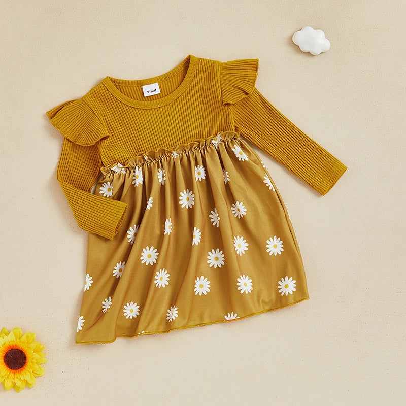 Kids Girls Casual Dress Long Sleeve Dress Crew Neck Flower Print Fall Dress for Daily - The Kings Lots
