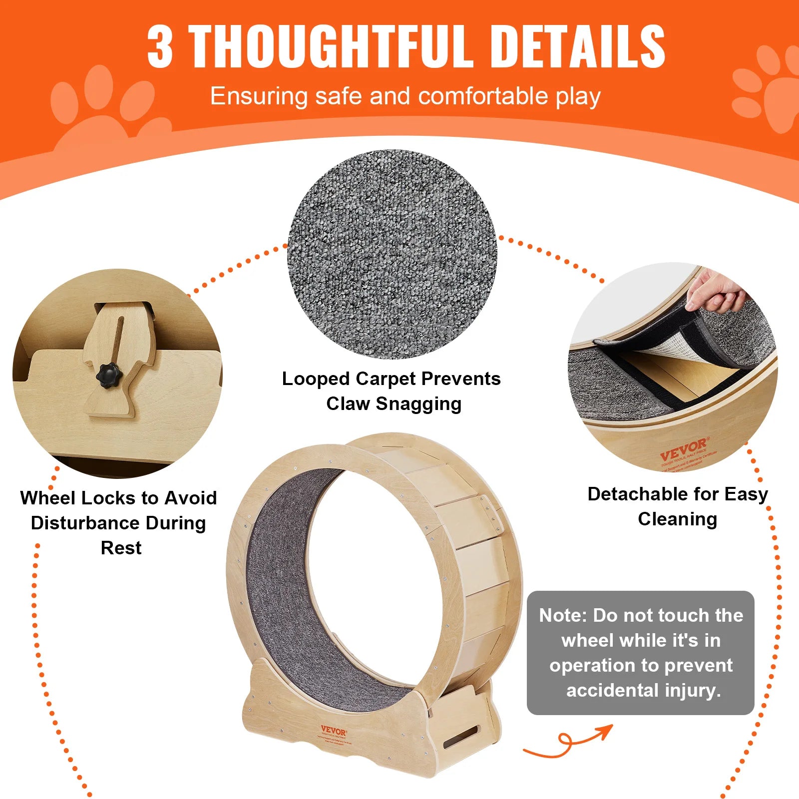VEVOR Cat Exercise Wheel Natural Wood Silent Running Toy Treadmill Roller Wheel with Detachable Carpet for Most Cats Pet Fitness - The Kings Lots
