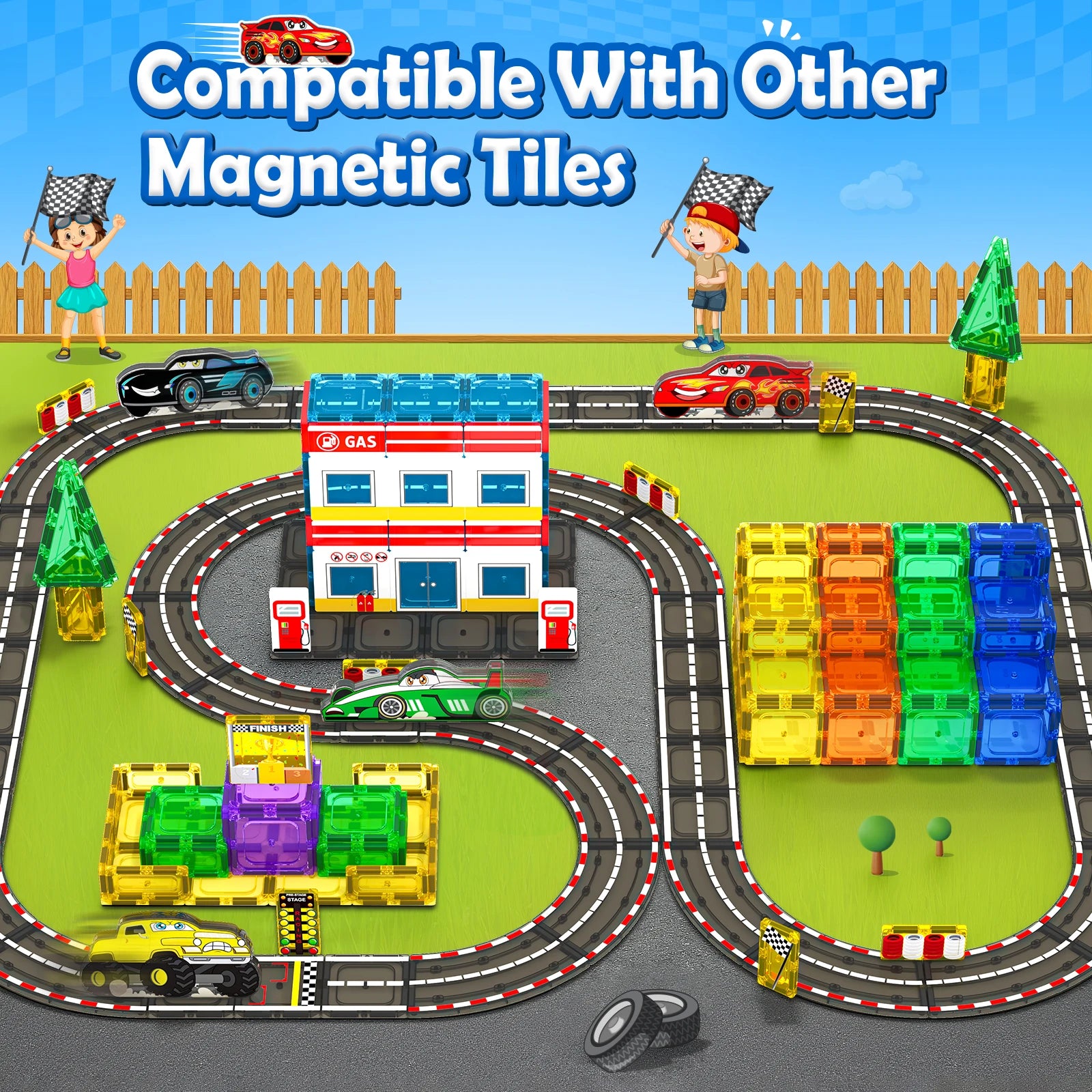 Magnetic Tiles Racing Track & Road Expansion Set for Kids - The Kings Lots