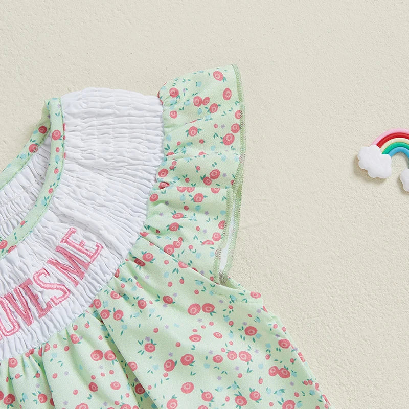 Toddler Girls Dress Floral Print Letter Embroidery Round Neck Fly Sleeve Casual Dress Baby Summer Dress - The Kings Lots