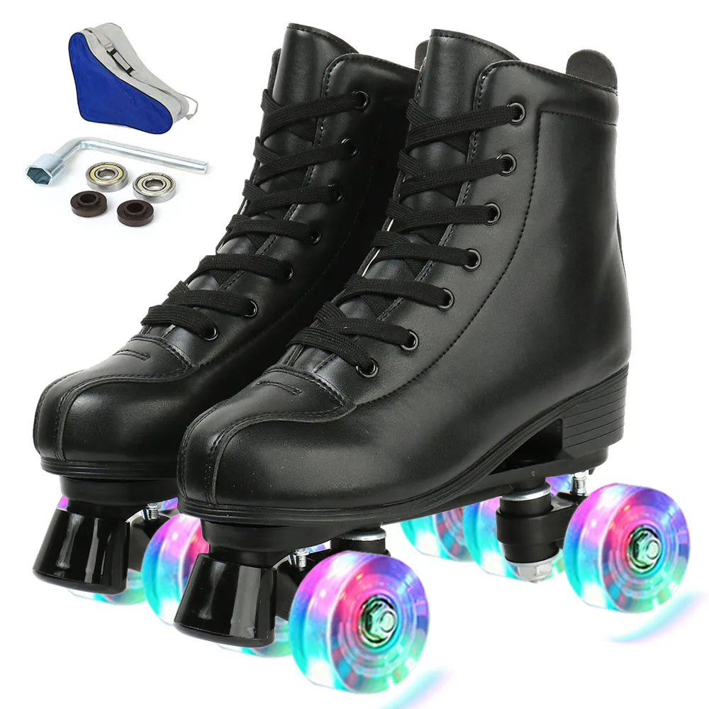 PU Leather Roller Skates Skating Shoes Size 4 Flash Wheels - The Kings Lots