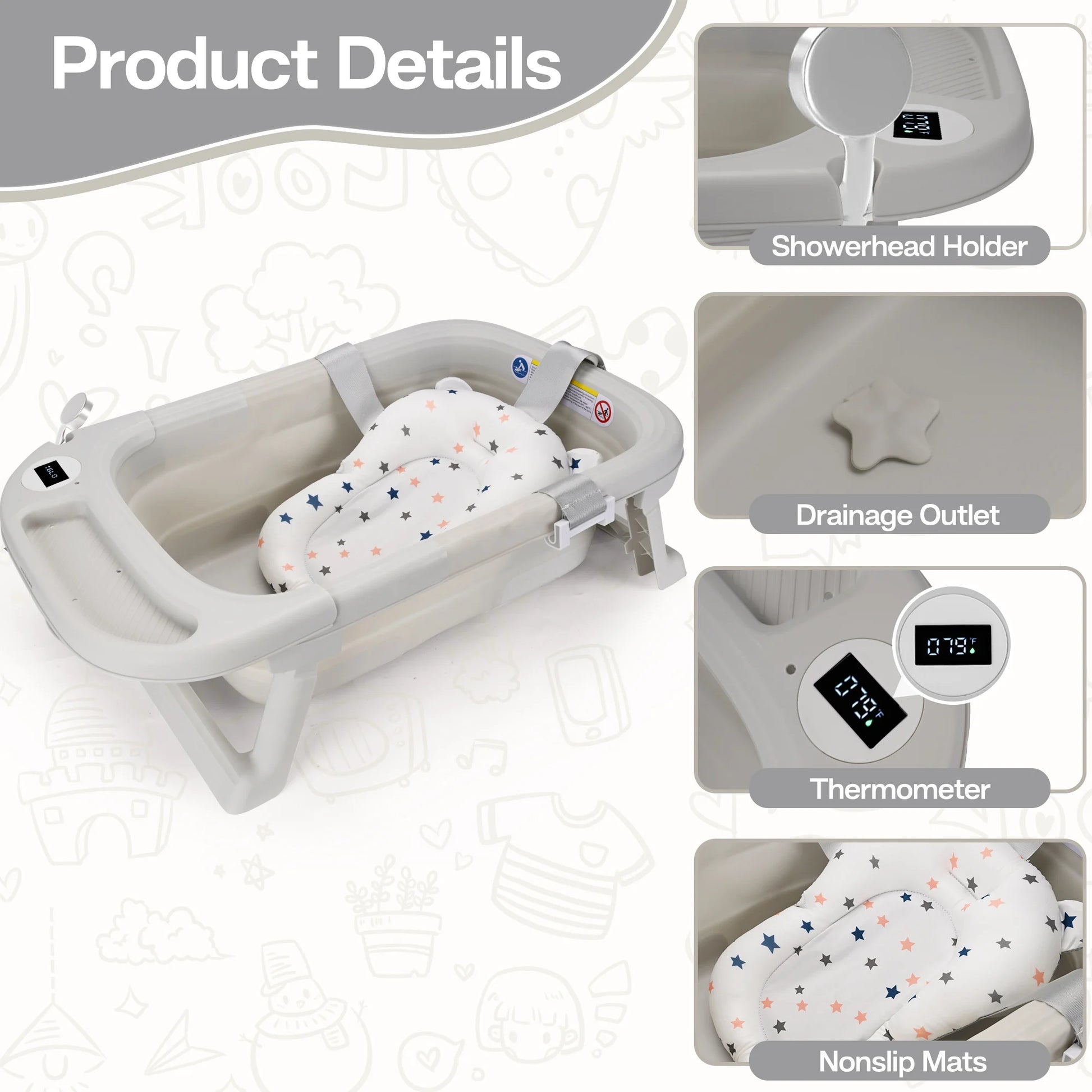Baby Bathtub with Soft Cushion & Thermometer Portable Tub - The Kings Lots