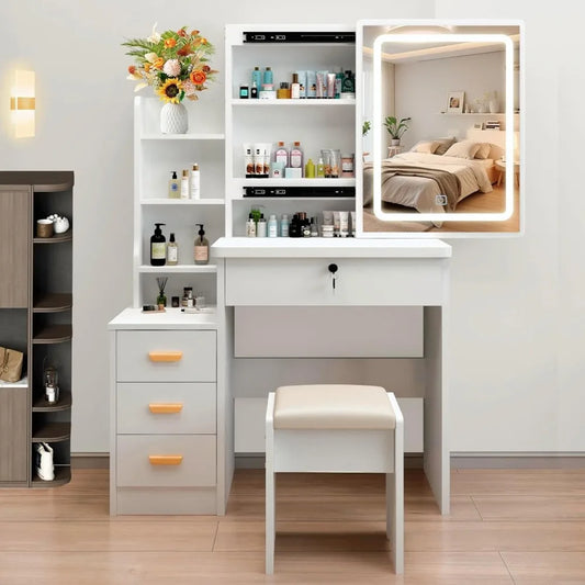 3 Lighting Modes with Drawers, with Open Storage Shelves,Vanity Table for Bedroom,Gifts for Girls and Women - The Kings Lots