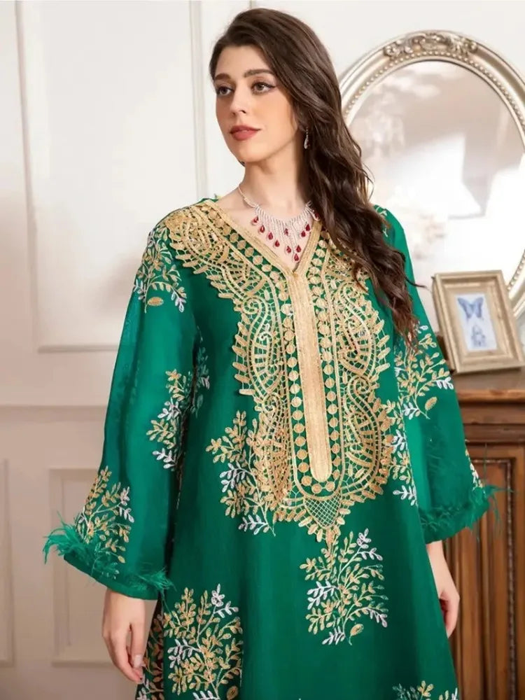 Charming banquet style Round neck Printing Embroidery Regular sleeve Kaftan suitable for all seasons - The Kings Lots
