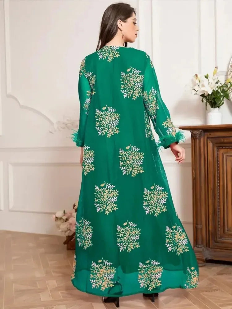 Charming banquet style Round neck Printing Embroidery Regular sleeve Kaftan suitable for all seasons - The Kings Lots