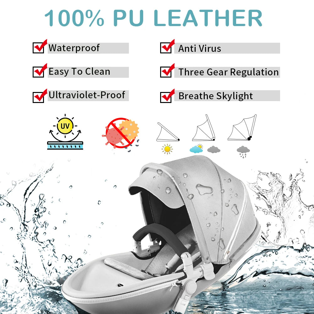 Hot Mom F023 Baby Stroller 2 in 1,Rotates 360 Degrees,PU Leather, Mosquito Net, Rain Cover, Adapter, Cup Holder, large wheels - The Kings Lots