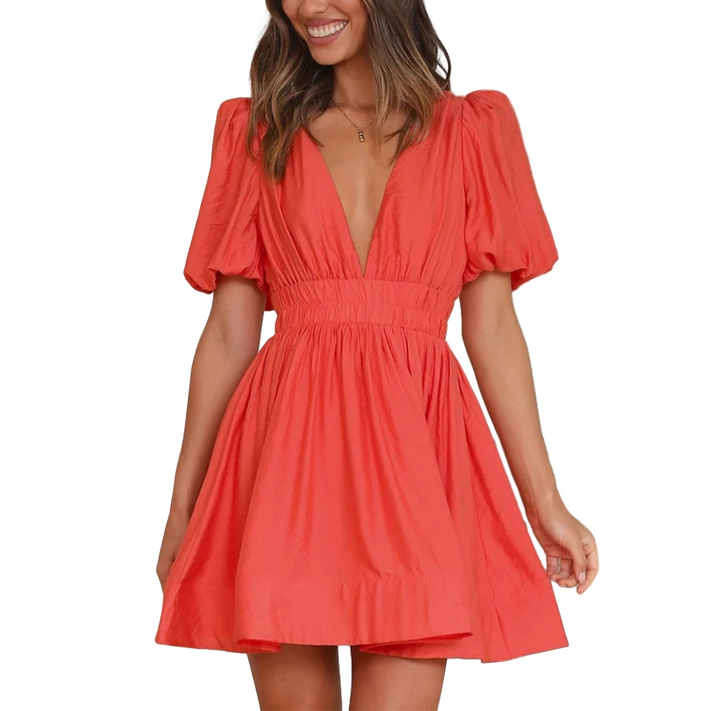 Women Summer Casual A-line Dress Solid Color Deep V-Neck