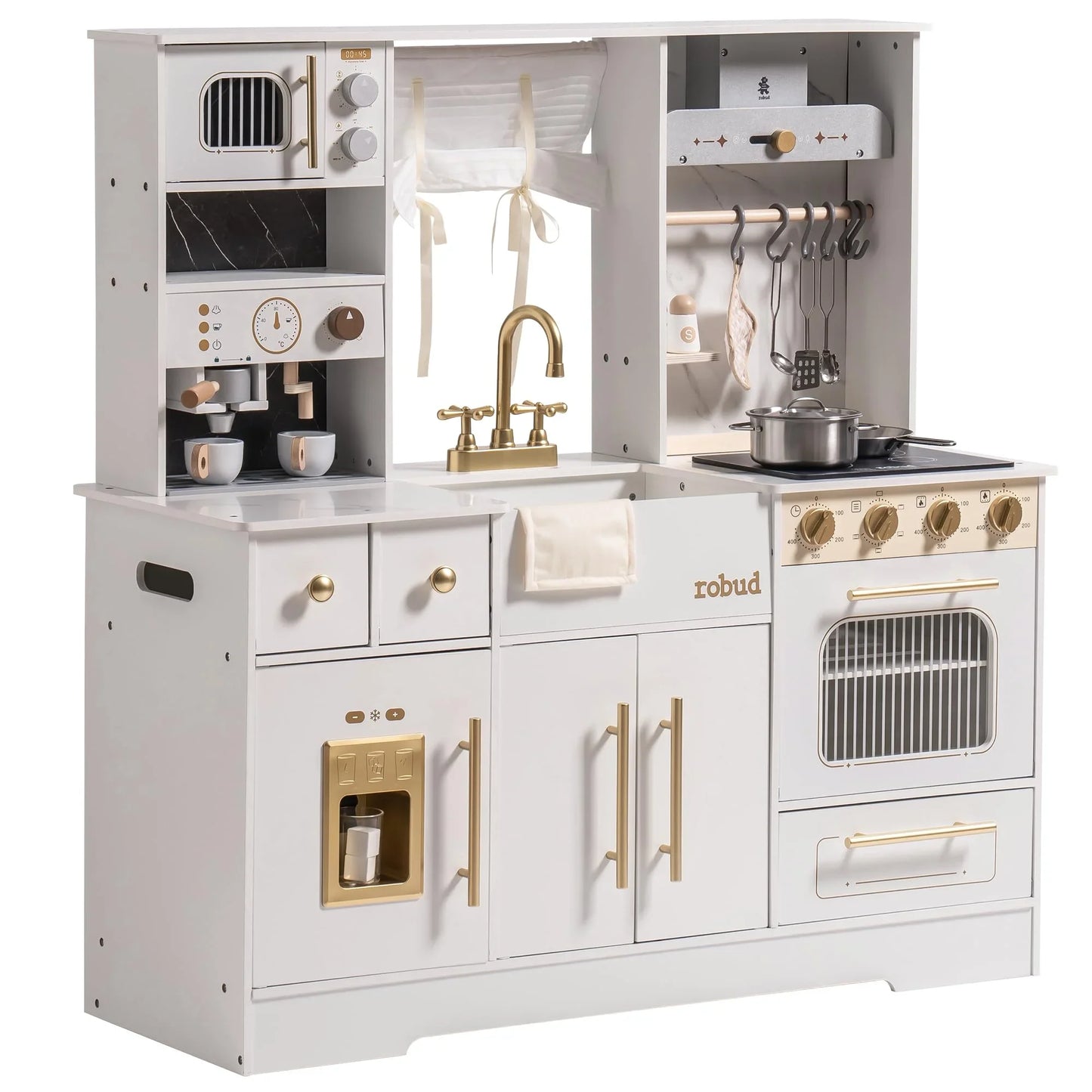 Robud Wooden Play Kitchen Toy Set with Ice Maker and Coffee Machine Realistic Kitchen Gift for Girls and Boys Ages 3 and Up