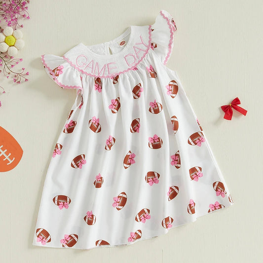 Cute Toddler Girl Floral Print Sleeveless Round Neck A-Line Dress with Bow Detail and Embroidered Letters - The Kings Lots
