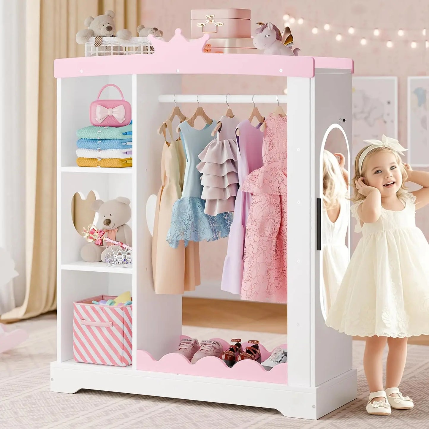 Kids Armoire with Jewelry Cabinet, Dress up Storage with Mirror and Shelves, Princess Dress Closet and Costumes Wardrobe Closet - The Kings Lots