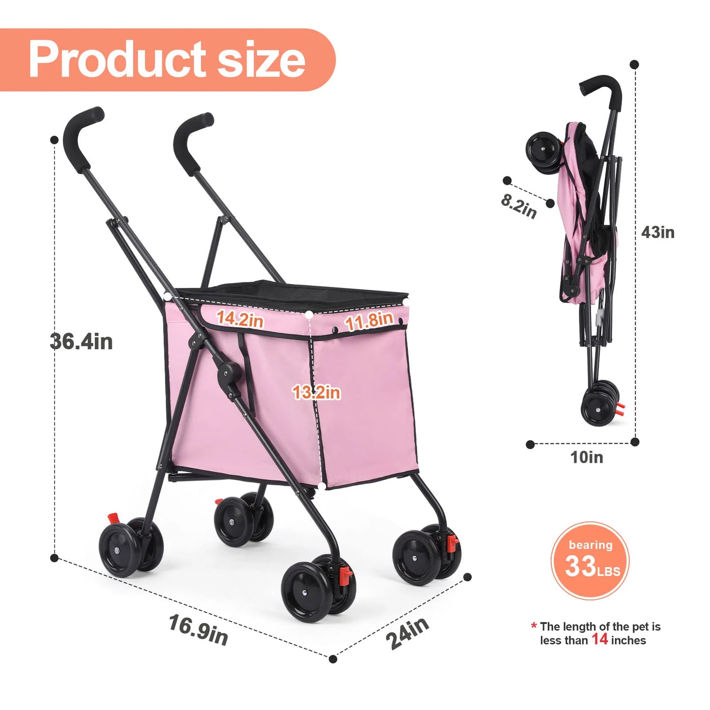 33lbs 4 Wheels Dog Stroller Rotate Pink Pet Puppy Stroller