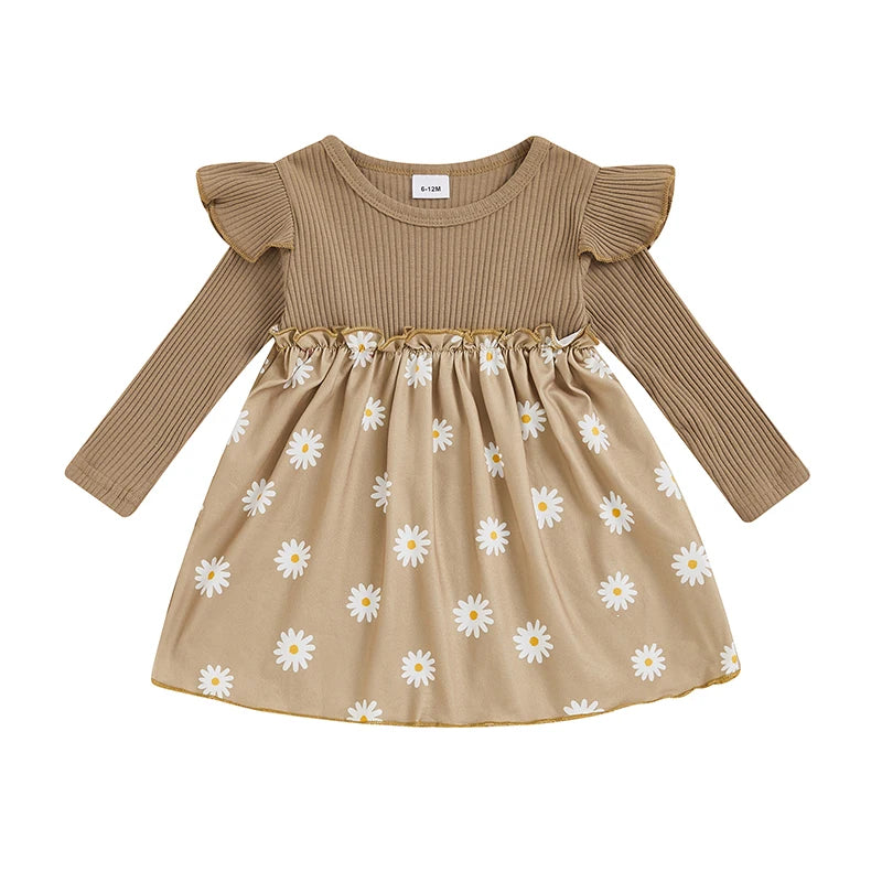 Kids Girls Casual Dress Long Sleeve Dress Crew Neck Flower Print Fall Dress for Daily - The Kings Lots