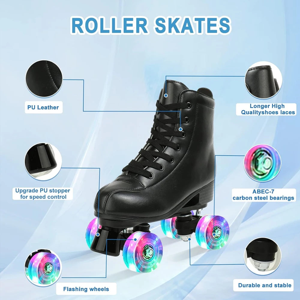 PU Leather Roller Skates Skating Shoes Size 4 Flash Wheels - The Kings Lots