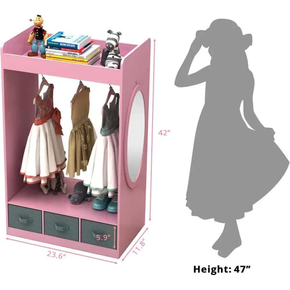 Children's Wardrobes , Dress up Storage with Mirror and Storage Bin,Kids Play Armoire Dresser with Mirror,Kids Costume Organizer - The Kings Lots