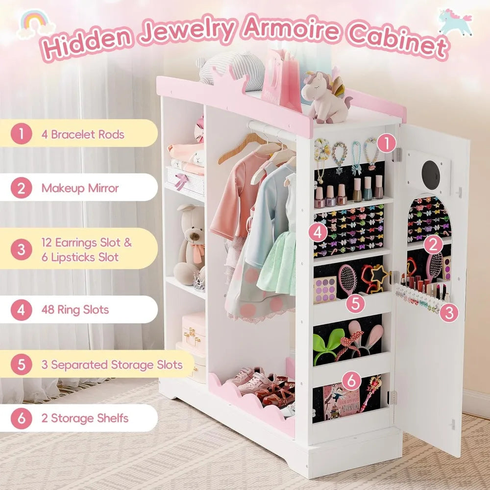 Kids Armoire with Jewelry Cabinet, Dress up Storage with Mirror and Shelves, Princess Dress Closet and Costumes Wardrobe Closet - The Kings Lots