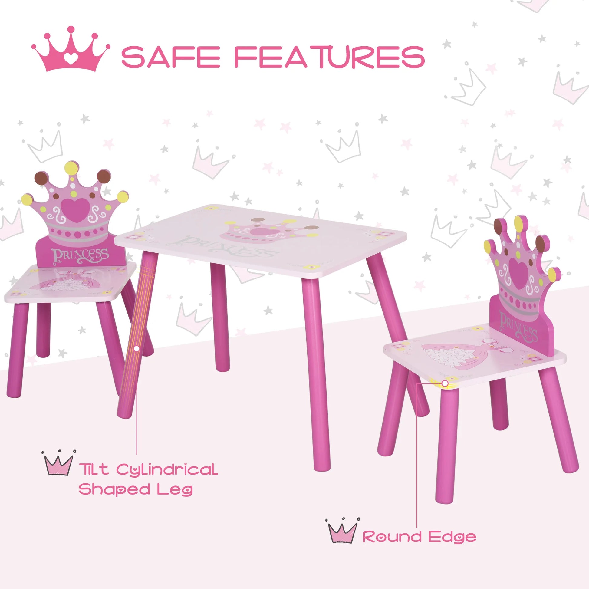 Triple Piece Collection Children's Wood Table Seat with Crown Pattern - The Kings Lots
