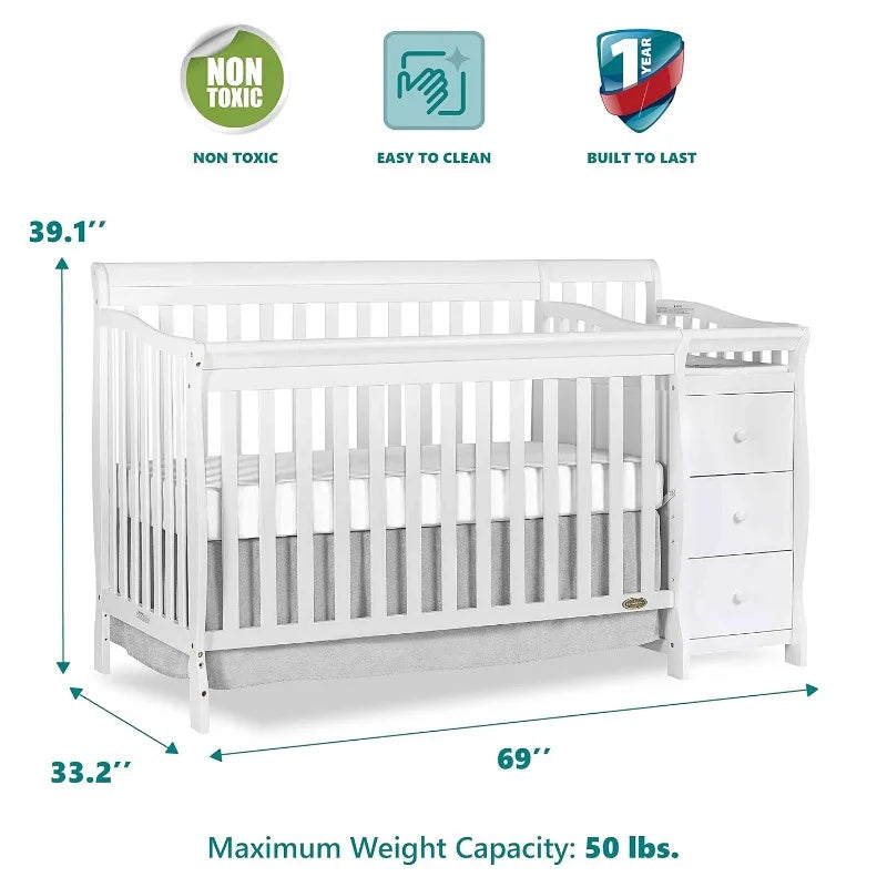 5 In 1 Brody Convertible Crib With Changer In White, Greenguard Gold Certified, Comes With 1" Changing Pad, Non-Toxic Finish - The Kings Lots
