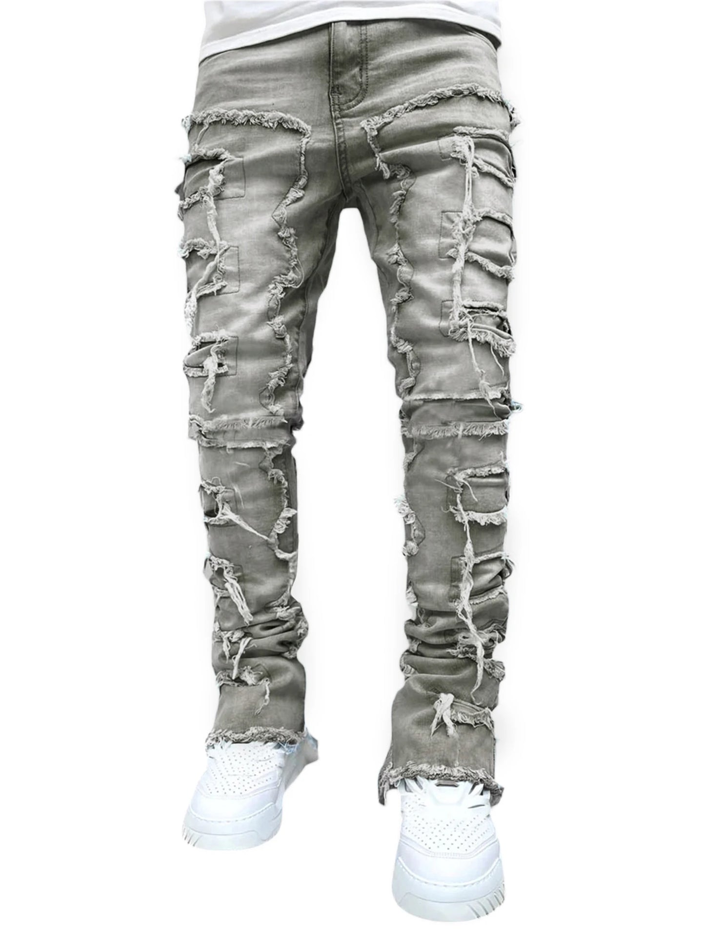 Men Skinny Pants Vintage Patch Frayed Denim Pants Spring Fall Casual Leggings Trousers with Pockets - The Kings Lots