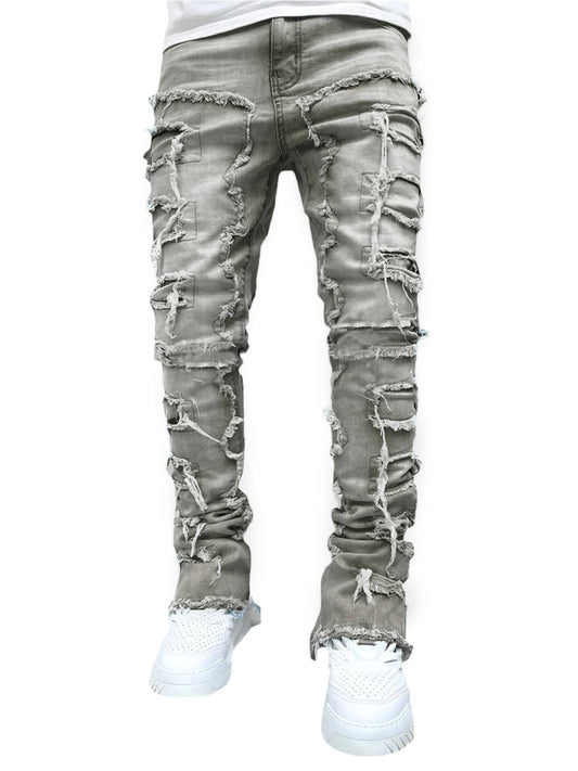 Men Skinny Pants Vintage Patch Frayed Denim Pants Spring Fall Casual Leggings Trousers with Pockets - The Kings Lots