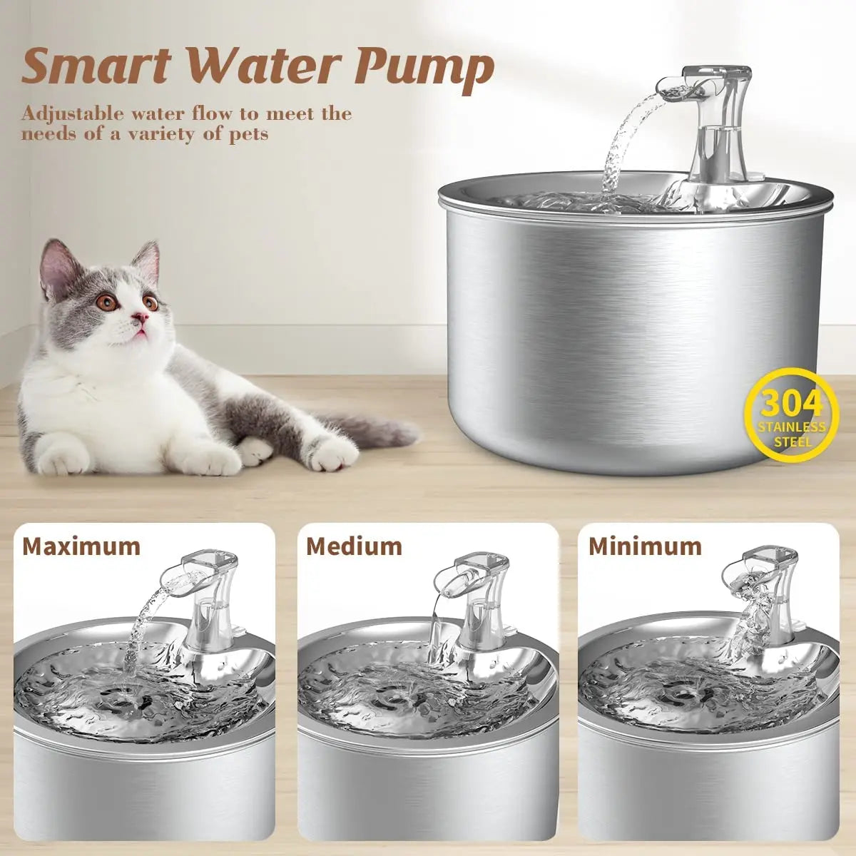 2L Fully Stainless Steel Pet Water Dispenser Automatic Cat Water Fountain with Sensor Heater - The Kings Lots