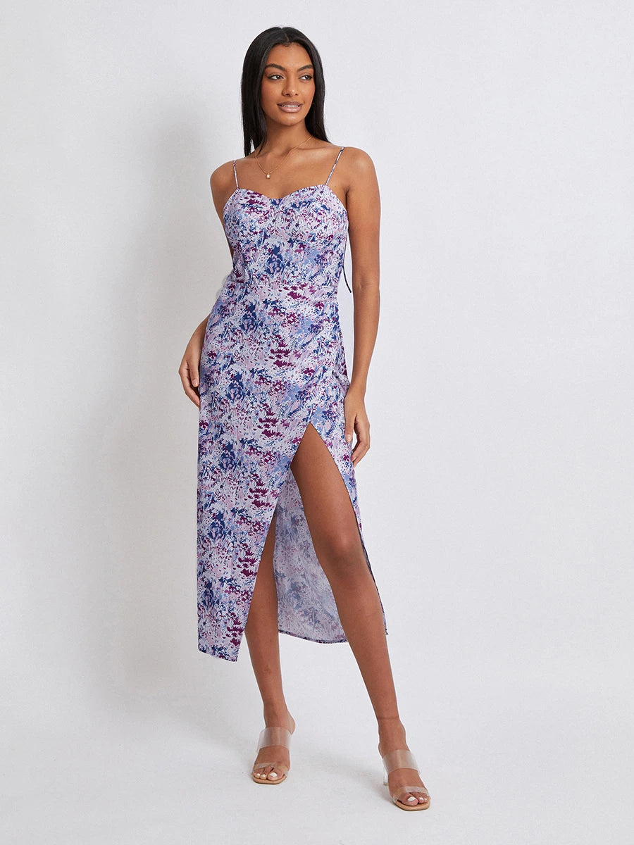 Women Floral Sleeveless Dress Summer Spaghetti Strap Split Party Long Dress for Cocktail Beach Streetwear - The Kings Lots