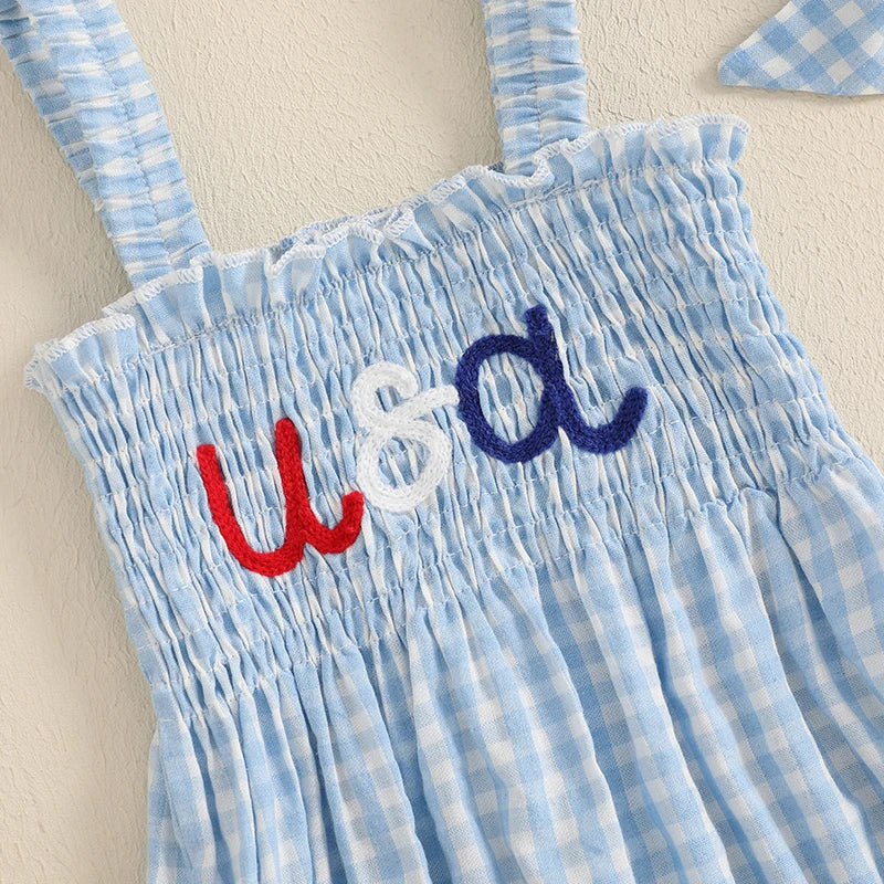 Cute Baby Girl 4th of July Set Red Plaid Romper Headband - The Kings Lots