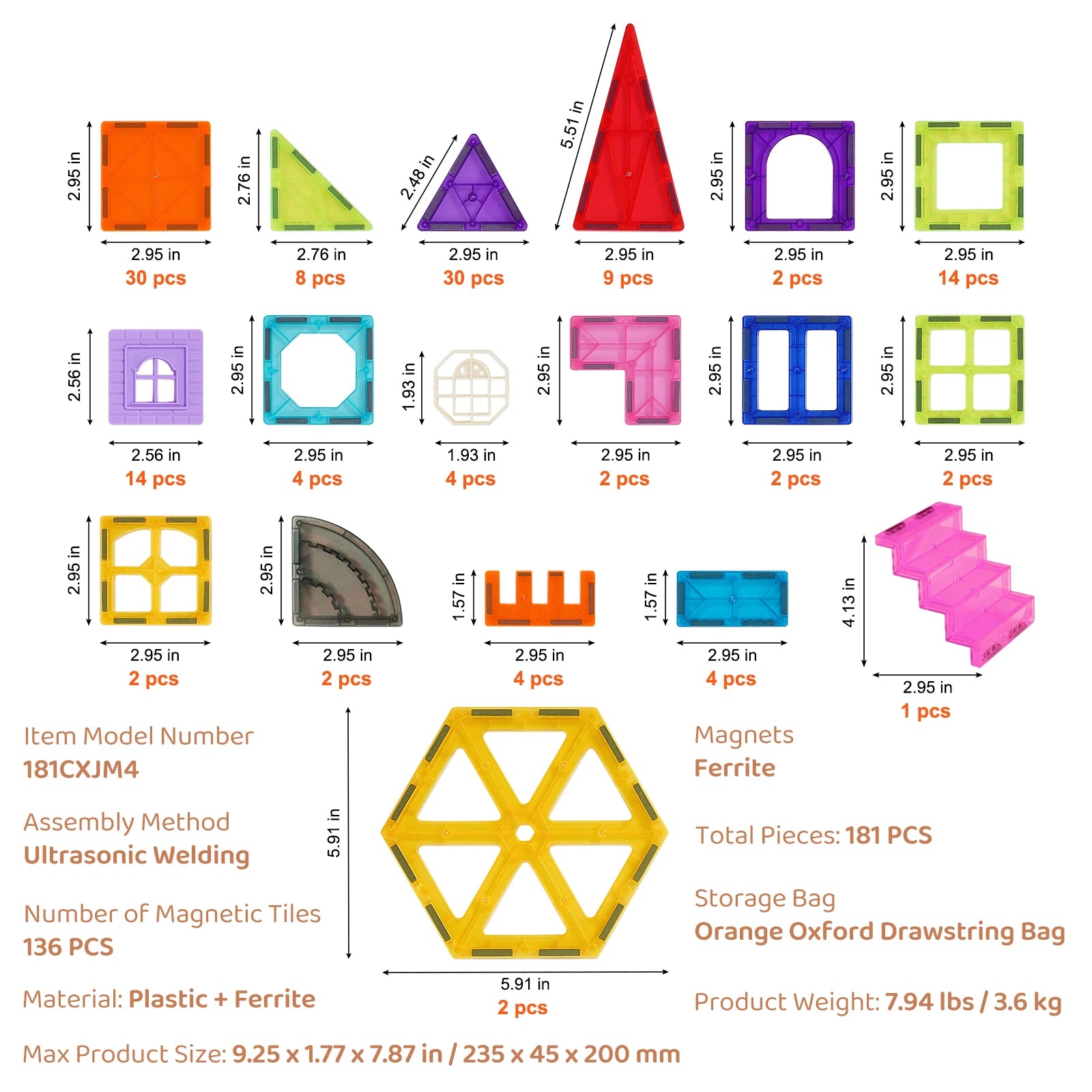 VEVOR 181PCS Magnetic Tiles Building Set for Kids Montessori - The Kings Lots