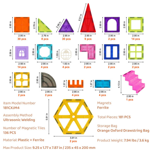 VEVOR 181PCS Magnetic Tiles Building Set for Kids Montessori - The Kings Lots