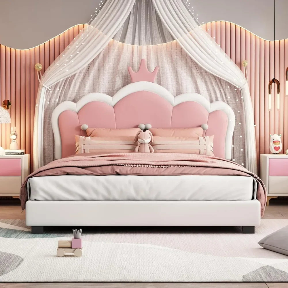 Full Size Upholstered Princess Bed with Crown Headboard, Full Size Platform Bed with Headboard and Footboard Suitable for girls - The Kings Lots