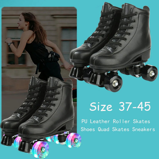 PU Leather Roller Skates Skating Shoes Size 4 Flash Wheels - The Kings Lots
