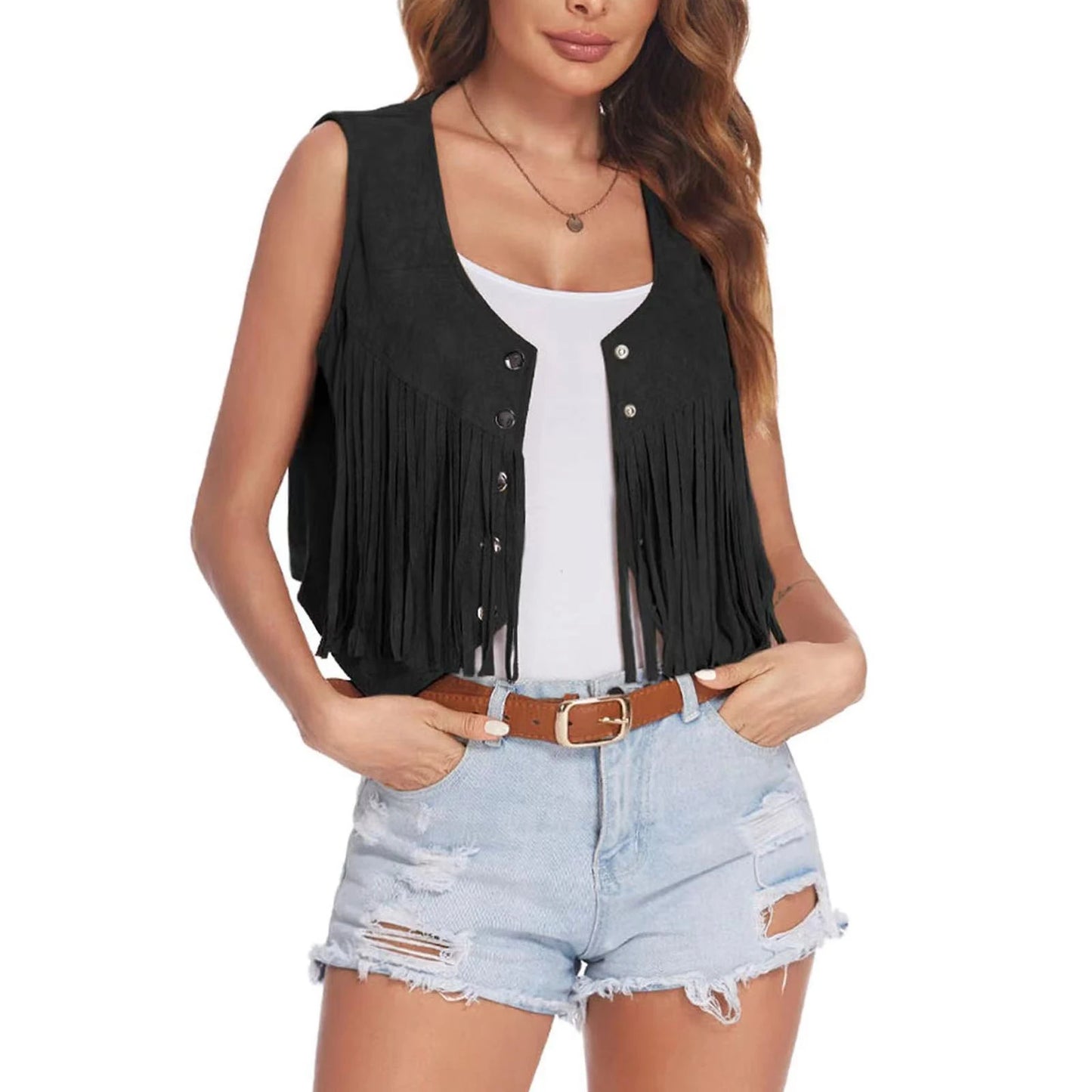 Women’s Tassel Suede Vest Solid Color Front Button Hippie Crop Jacket