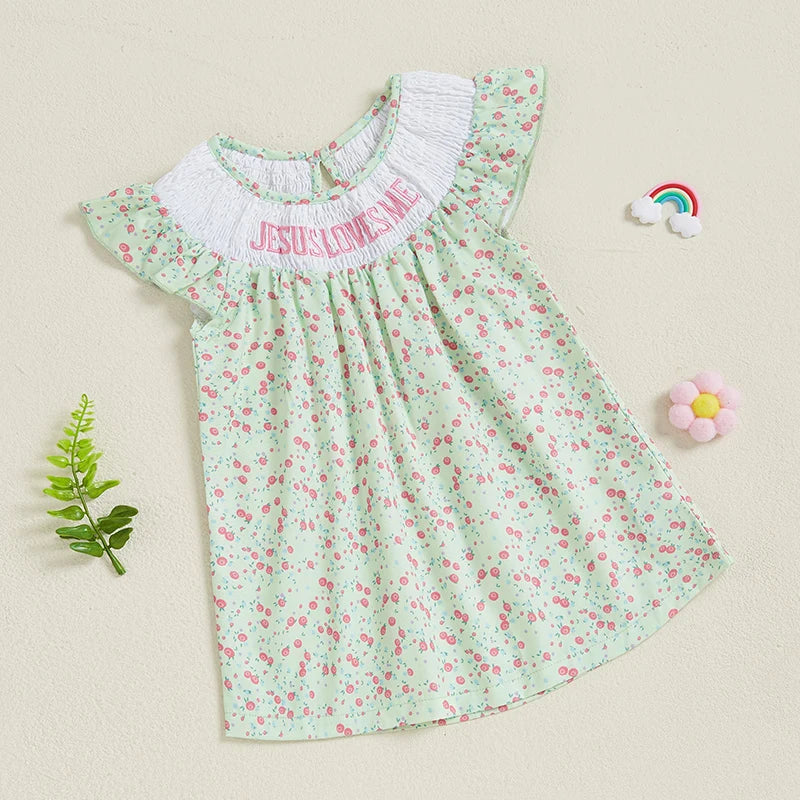 Toddler Girls Dress Floral Print Letter Embroidery Round Neck Fly Sleeve Casual Dress Baby Summer Dress - The Kings Lots