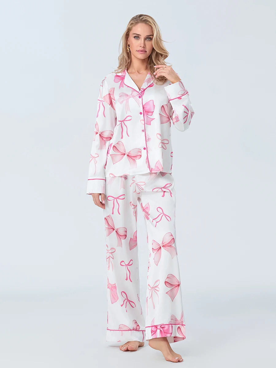 Women S Fall Loungewear Set Bow Print Long Sleeve Shirt Pants