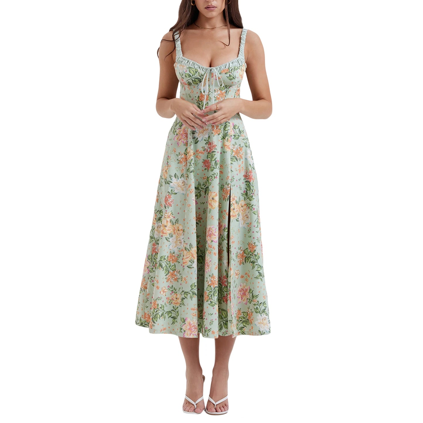 Women Summer Casual Midi Dress Floral Print Low-Cut Sling