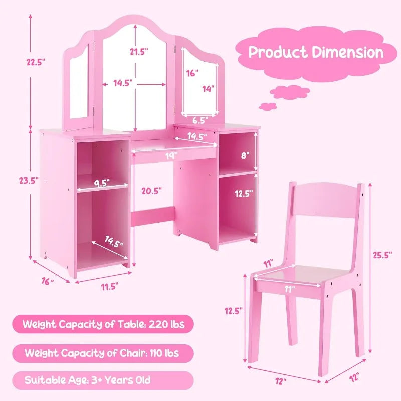 Kids 2-in-1 Princess Makeup Desk & Chair with Detachable Mirror, Shelves, Pretend Play Dressing Table for Girls (Pink) - The Kings Lots