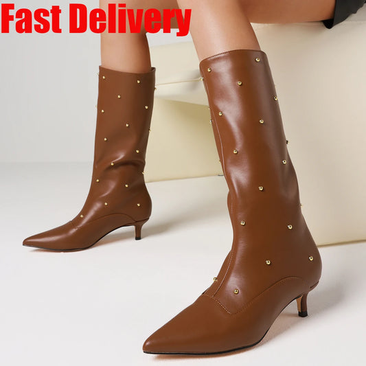 Sexy Rivets Women High Heel Boots Slip On Mid Calf Shoes - The Kings Lots