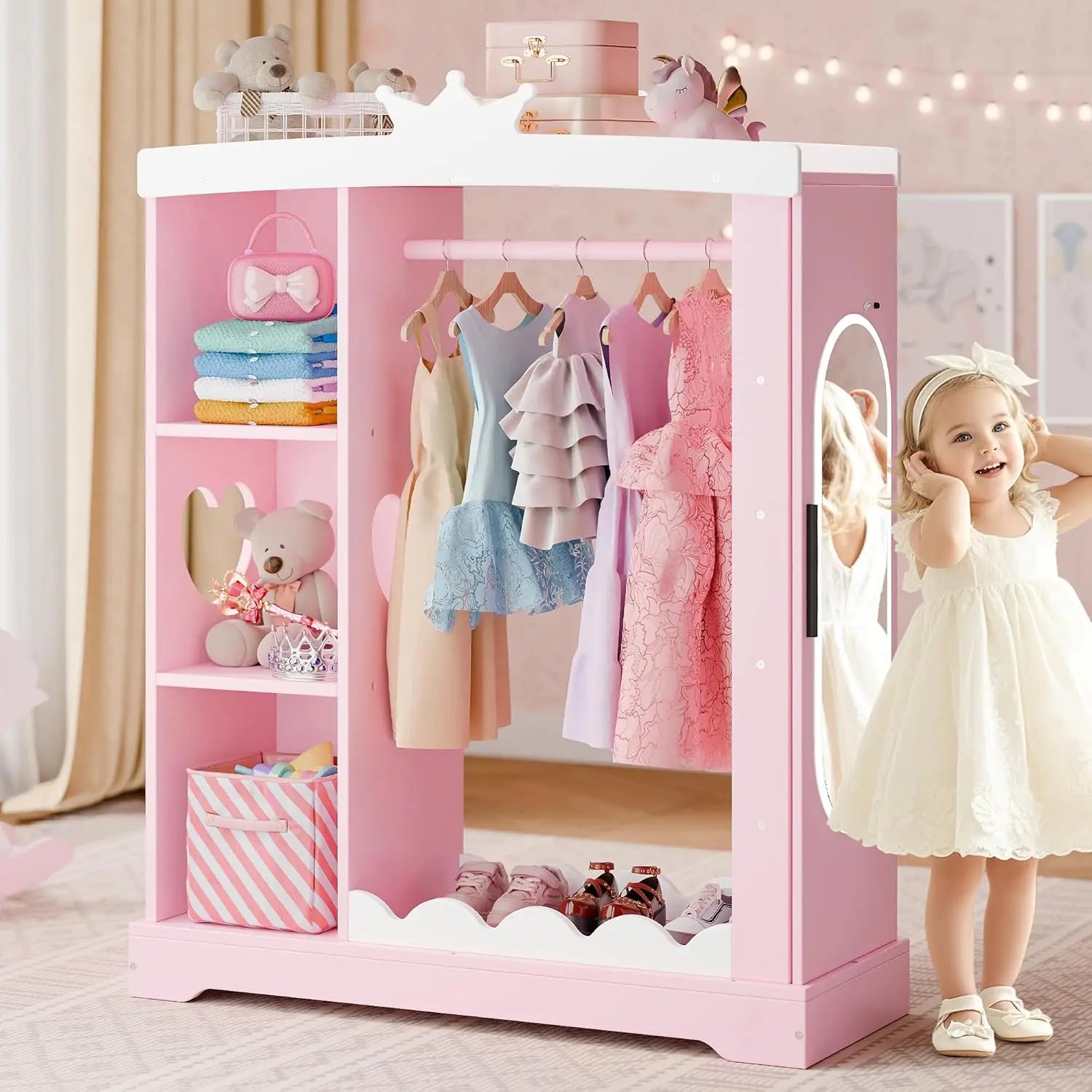 Kids Armoire with Jewelry Cabinet, Dress up Storage with Mirror and Shelves, Princess Dress Closet and Costumes Wardrobe Closet - The Kings Lots