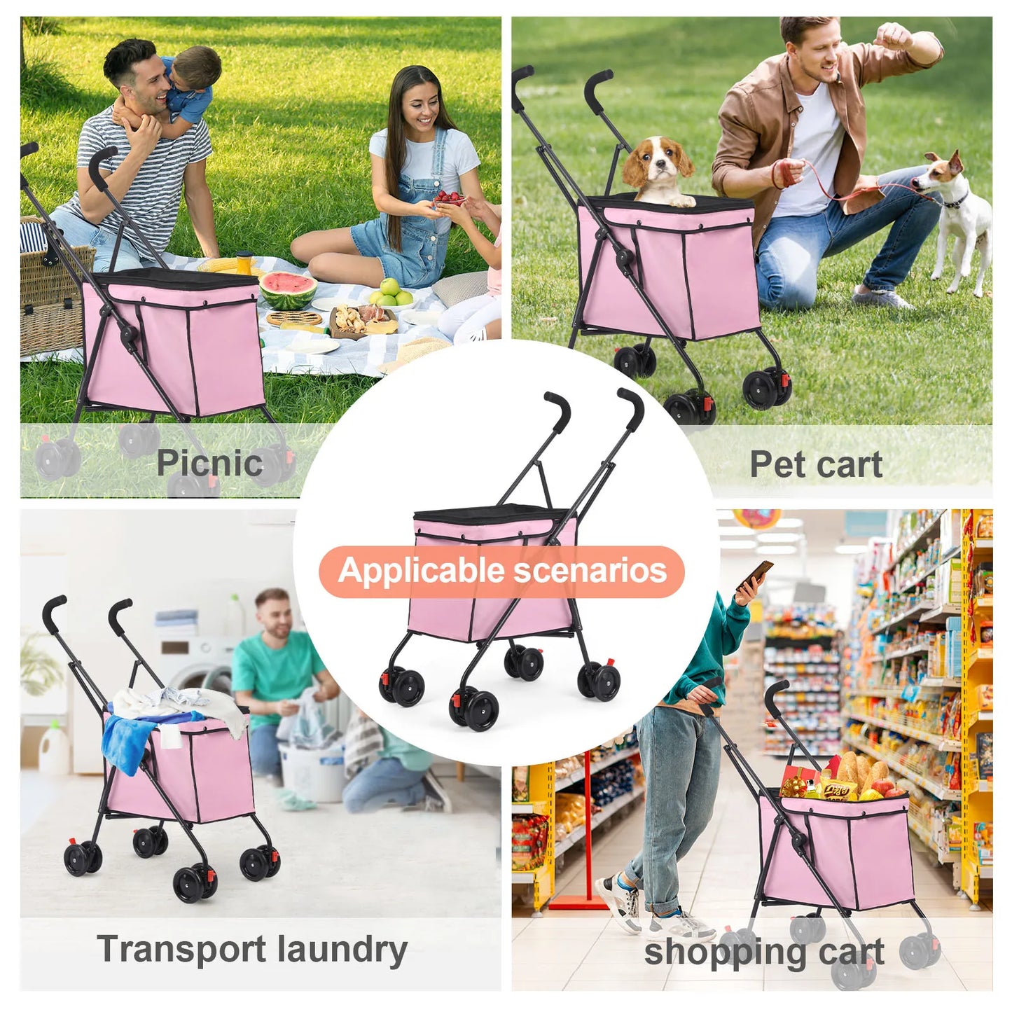 33lbs 4 Wheels Dog Stroller Rotate Pink Pet Puppy Stroller