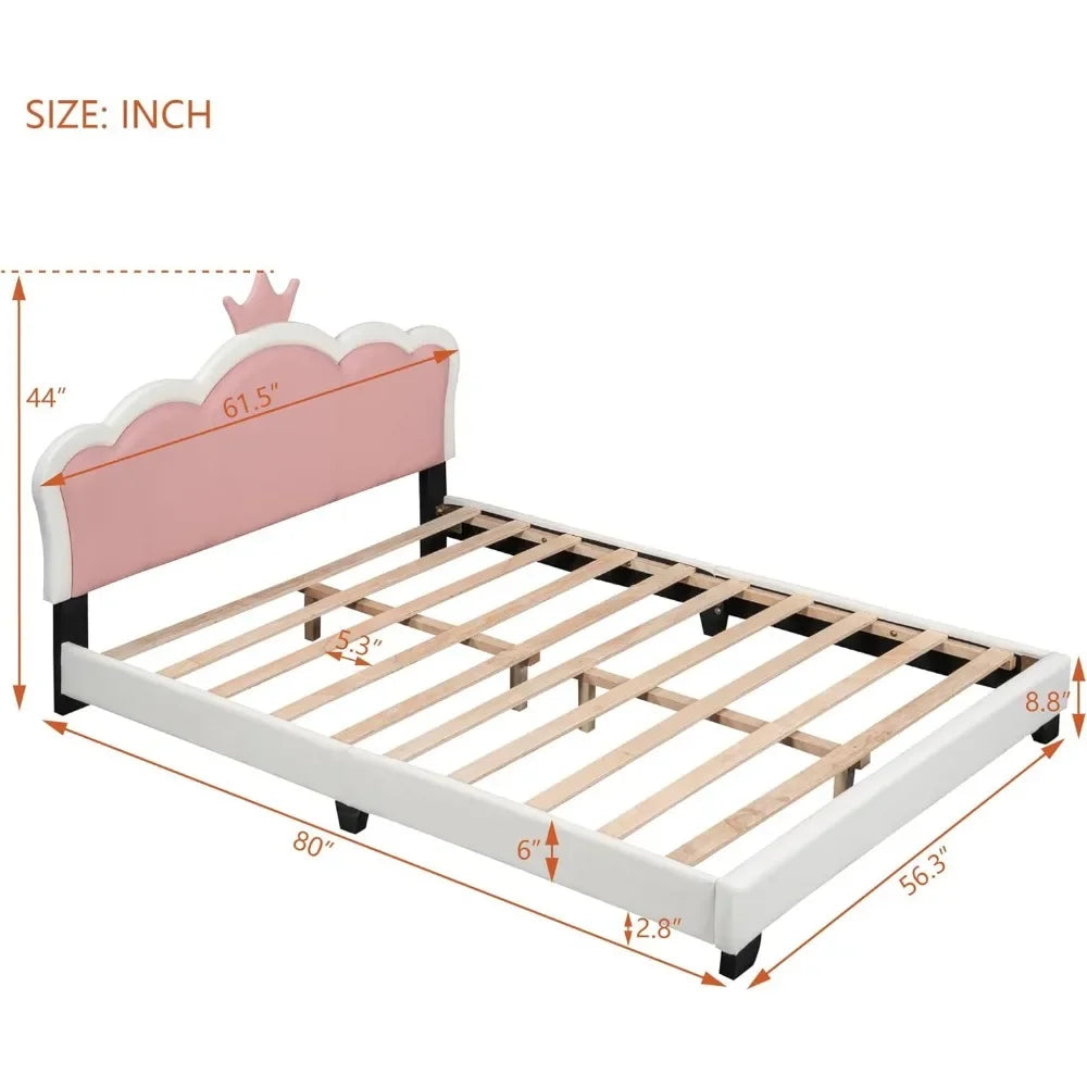 Full Size Upholstered Princess Bed with Crown Headboard, Full Size Platform Bed with Headboard and Footboard Suitable for girls - The Kings Lots
