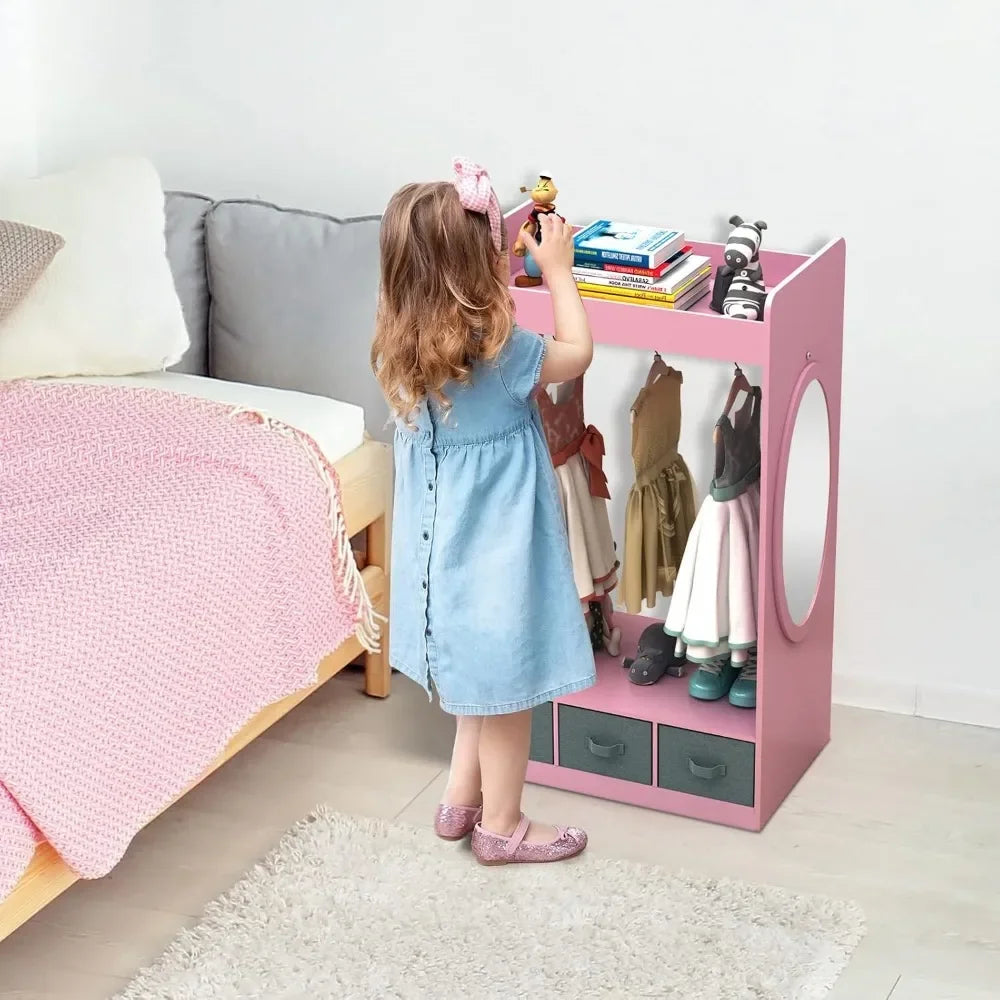 Children's Wardrobes , Dress up Storage with Mirror and Storage Bin,Kids Play Armoire Dresser with Mirror,Kids Costume Organizer - The Kings Lots