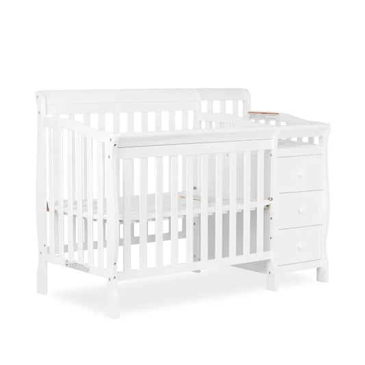 4-in-1 Mini Convertible Crib And Changer in White, Non-Toxic Finish, New Zealand Pinewood, 1" Mattress Pad - The Kings Lots