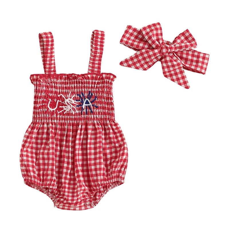 Cute Baby Girl 4th of July Set Red Plaid Romper Headband - The Kings Lots